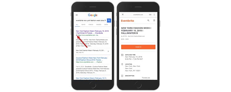 AMP para ecommerce ejemplo eventbrite